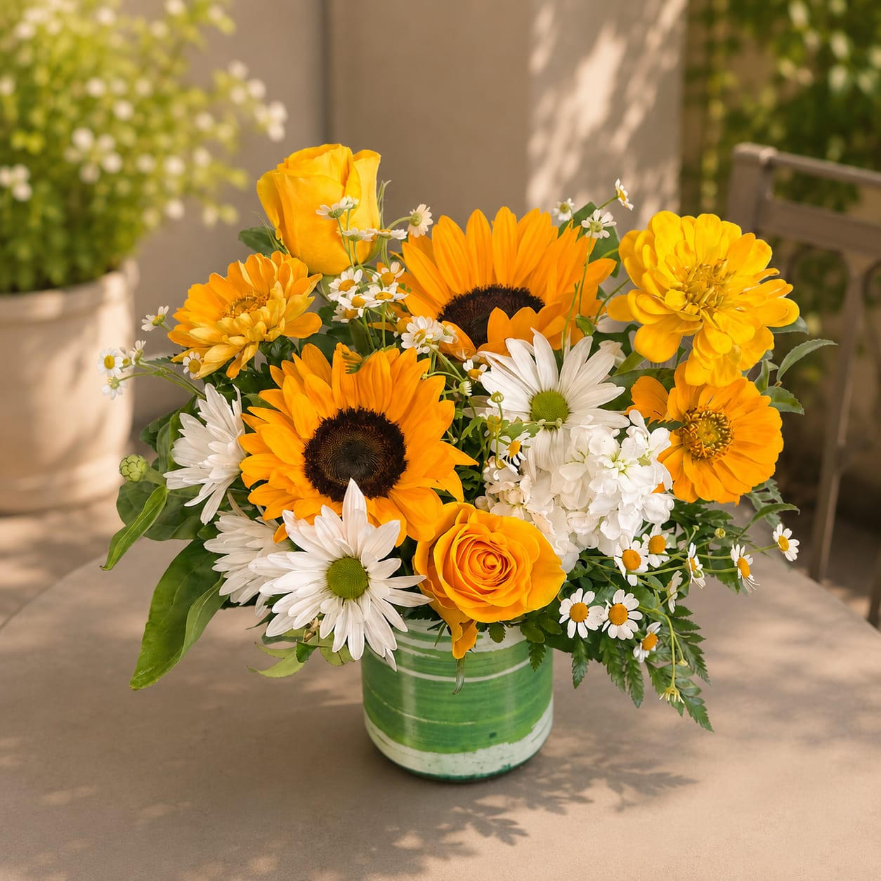 Sun Kissed - Bright, welcoming, and an easy gift for many occasions. Bring a little sunshine indoors with Touch of Sunshine. Radiant sunflowers, golden roses, sunny zinnias, and other charming blooms are designed to capture the warmth of a sunny afternoon and bring a cheerful burst of color whenever it goes. 