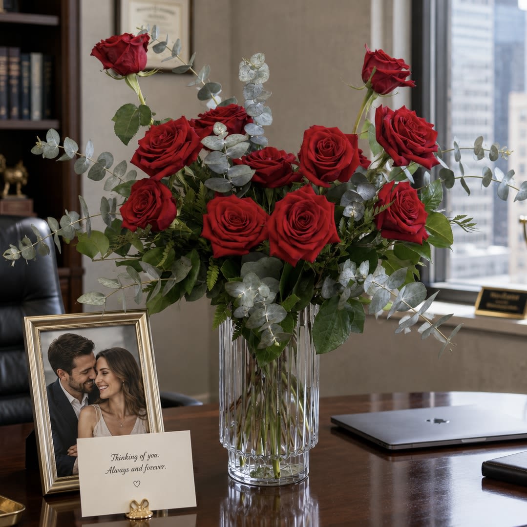The Elevated Dozen - Experience the timeless elegance of one dozen premium, long-stemmed Ecuadorian roses, expertly styled in a sophisticated ribbed vase with lush, curated greenery. This arrangement reinvents the classic dozen with a contemporary flair, perfectly suited for the modern aesthetic.