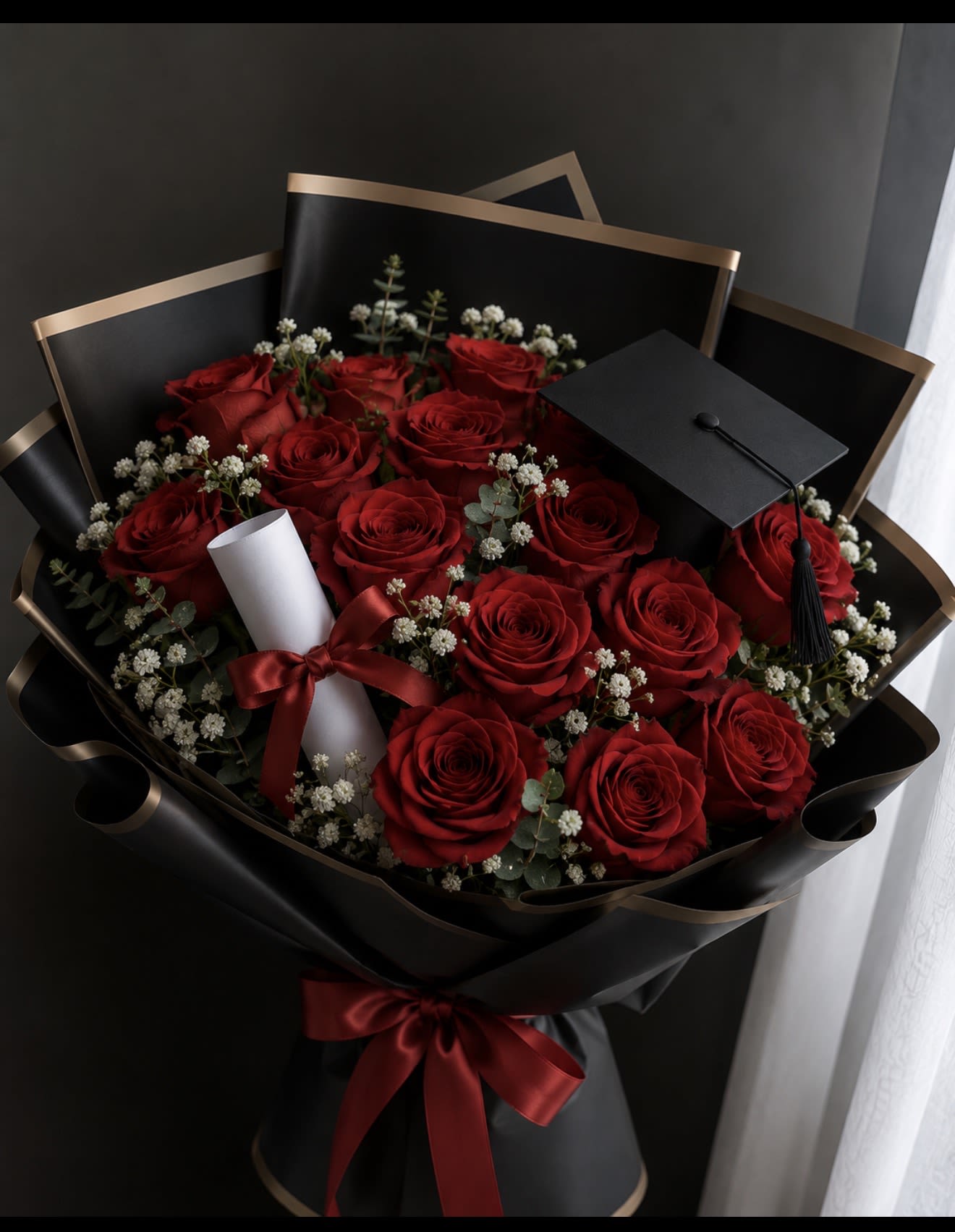     Midnight Rose Graduation Bouquet  - Deep, velvety red roses arranged in a tight, luxurious cluster make this graduation bouquet feel both romantic and triumphant-the perfect graduation bouquet to celebrate a milestone achievement. Tucked among the blooms are delicate white filler flowers and touches of muted eucalyptus and greenery that soften the intensity, while a black graduation cap and a white diploma scroll tucked into the design make the celebratory purpose unmistakable.  Wrapped in dramatic black paper with subtle gold edging and secured with a red satin ribbon, the presentation is formal and high-contrast-ideal for an accomplished grad who appreciates classic elegance. The palette of red, black, white, and green reads bold and polished; the roses are the focal point, complemented by textural foliage. Sized to make an impression, this arrangement arrives ready to present and instantly conveys pride, admiration, and affection-she'll feel genuinely celebrated when she receives it.