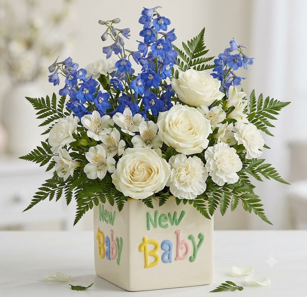 New Baby Blue and White - Tall blue delphinium spikes give this New Baby blue and white arrangement its uplifting, celebratory silhouette-perfect as a baby shower centerpiece or a welcome-home gift for a newborn boy. The design reads as a new baby bouquet while remaining elegant enough for springtime visits; the person you're thinking of will feel honored and celebrated by the soft, cheerful palette.