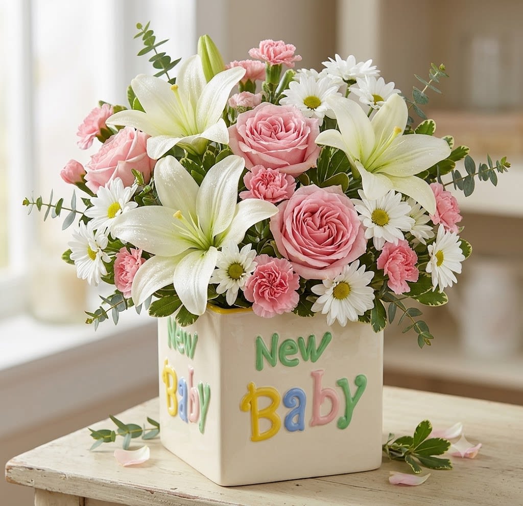 New Baby White and Pink - Soft pink roses and creamy white lilies form the heart of this New Baby white and pink flower arrangement, made to celebrate a newborn or welcome weekend visitors to the nursery. As a new baby bouquet, it reads as tender and joyful-the pale pink carnations and white daisies add playful texture while the overall rounded silhouette feels fresh and comforting for a baby shower or a hospital visit.
