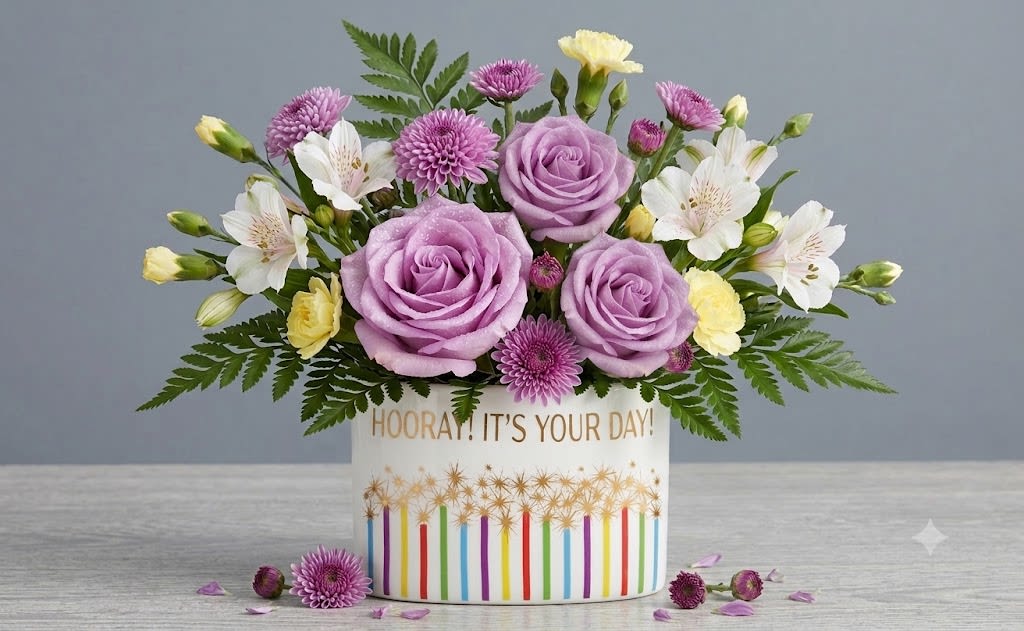Sweet Celebration  - Lavender roses take center stage in this joyful birthday bouquet, a Sweet Celebration flower arrangement that says "congratulations" the moment it arrives. Designed for birthdays, thank-yous, or any everyday celebration, the soft purple blooms paired with white alstroemeria create a fresh, uplifting look that makes the recipient feel noticed and celebrated.