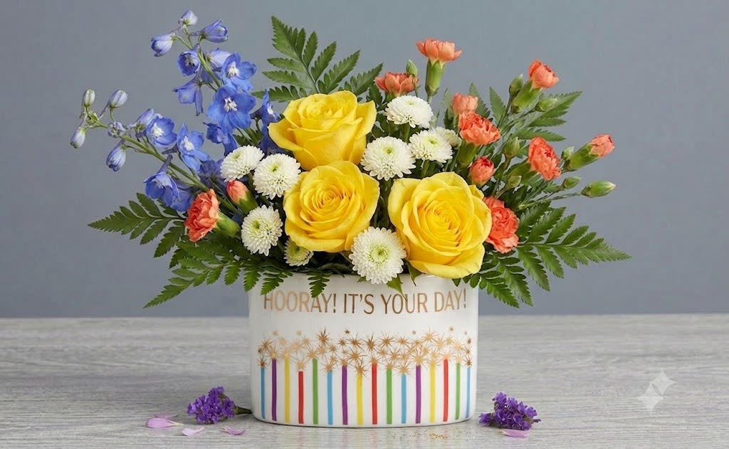 Sunny Side Celebration  - Sunny yellow roses take center stage in this cheerful flower arrangement, a perfect birthday bouquet or congratulatory gift that announces celebration the moment it arrives. Bright blue delphinium spikes and orange carnations lift the design with playful contrast while small white buttons add a light, friendly texture-ideal for making the person you're thinking of feel truly celebrated.