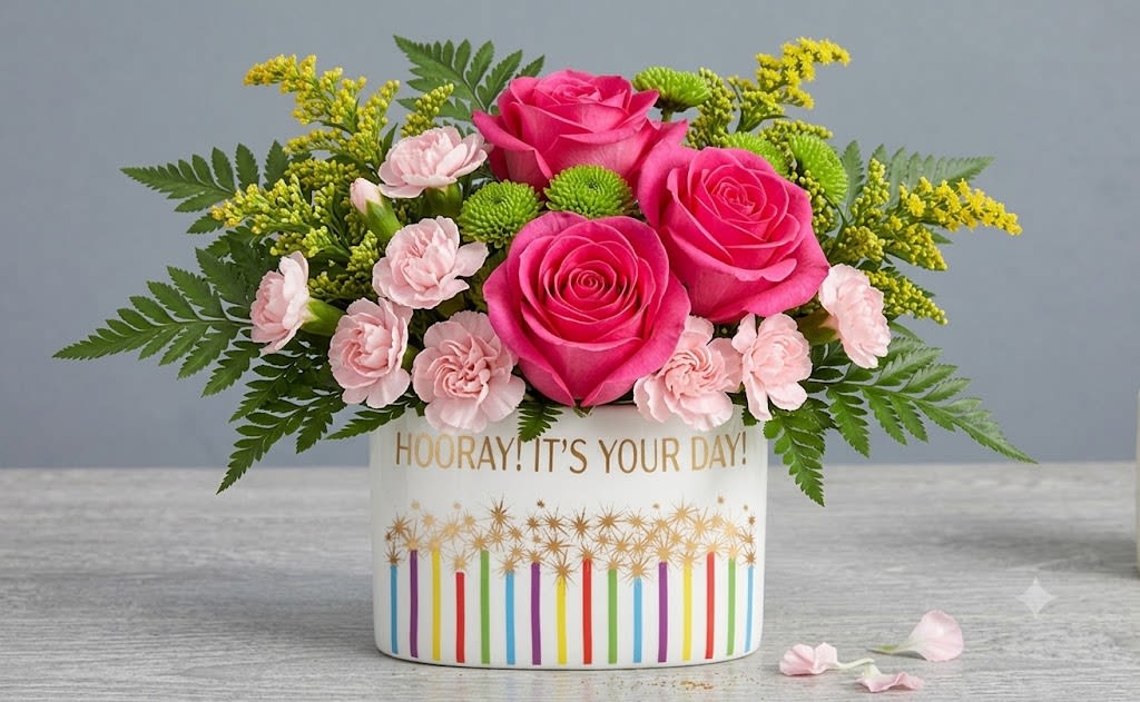 Bright Blush - Bright, celebratory, and immediately joyful-the Hooray! Bright Blush flower arrangement is a birthday bouquet built to make the person you're celebrating feel singled out and cheered. 