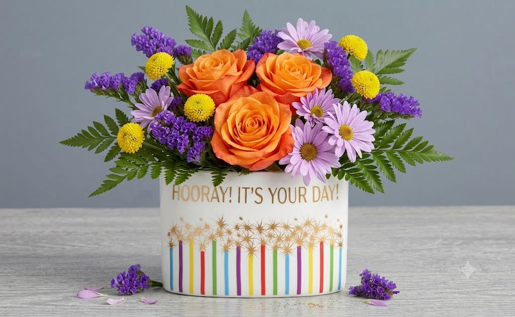 Citrus and Spice - Orange roses crown this Citrus and Spice flower arrangement, making an instant, uplifting statement for a birthday bouquet, graduation gift, or a cheerful just-because surprise. 