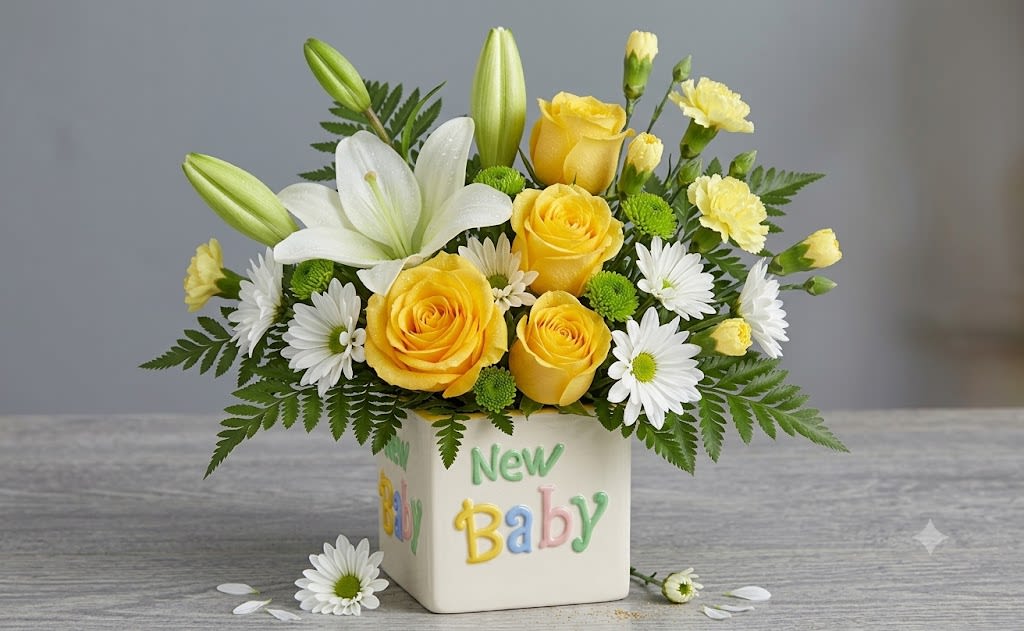 New Baby White and Yellow - Soft white lilies and sunny yellow roses create an uplifting welcome in this new baby flower arrangement, perfect as a new baby gift or springtime celebration bouquet. 