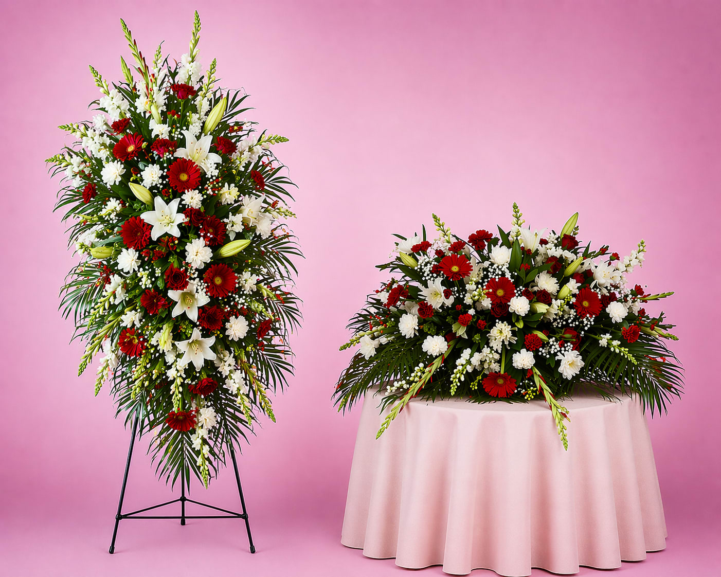 Honor &amp; Remembrance Collection - Honor &amp; Remembrance Collection is a striking sympathy set designed to pay tribute with dignity and strength. Featuring a coordinated standing spray and full casket spray, this design blends rich red blooms with crisp white florals and lush greenery for a timeless, patriotic presentation.  White lilies, roses, and carnations are paired with vibrant red gerbera daisies and accent blooms, while sweeping palm fronds and structured greenery create graceful movement and fullness. The standing spray offers a bold vertical statement, while the matching casket piece provides a cohesive, heartfelt tribute.  Perfect for honoring veterans, first responders, or anyone remembered with deep respect and admiration, this collection symbolizes love, honor, and a life proudly lived.