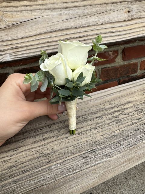  Boutonniere with Greenery - Baby Rose Boutonniere With Eucalyptus; ribbon requests in special instructions please