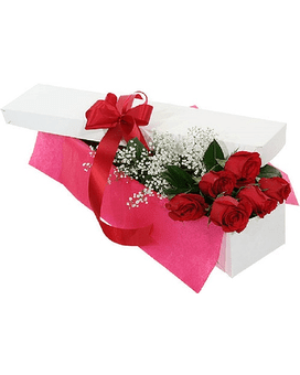 Long-stem red roses with white filler flowers in a white gift box with pink wrap and red bow