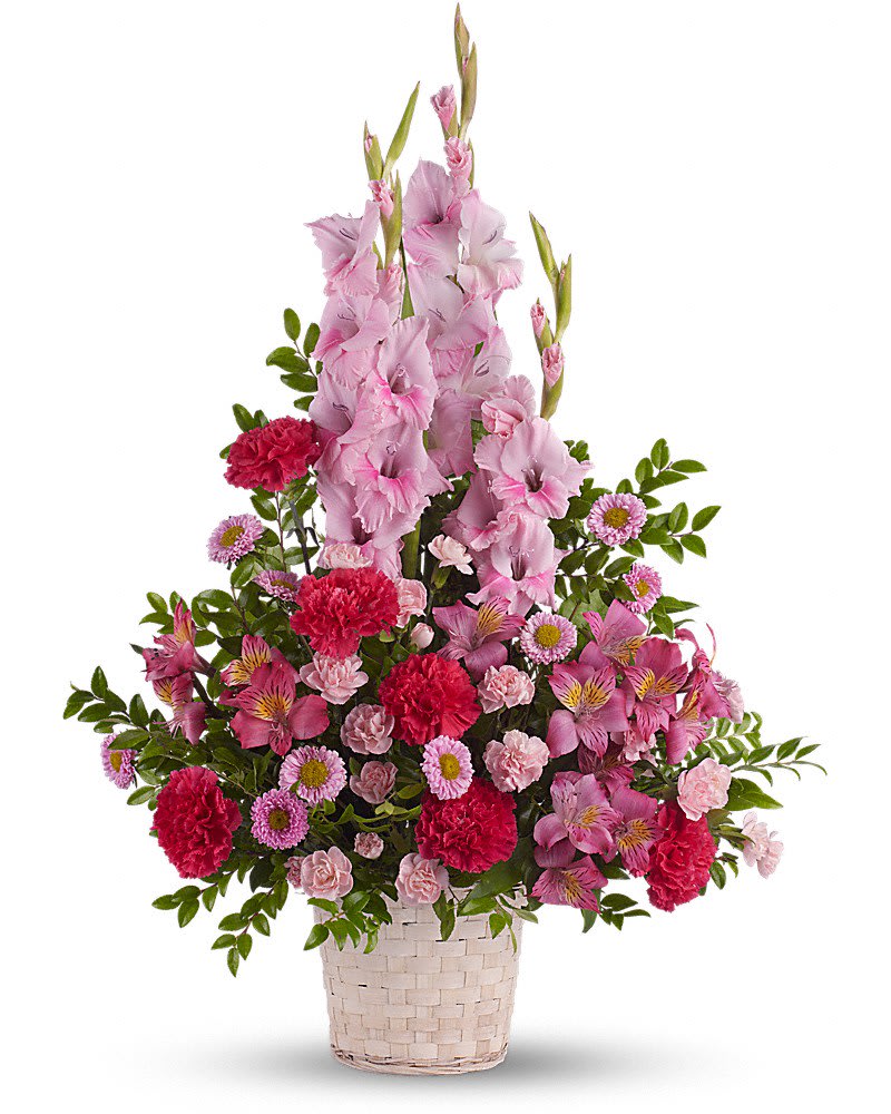 Heavenly Heights Bouquet - Beautifully feminine. Serene but strong. This pretty basket of pink flowers is a lovely way to show you care. A mix of fresh pink blossoms like gladioli, alstroemeria, carnations and more are lovingly arranged in a white basket.Approximately 23" W x 33" H