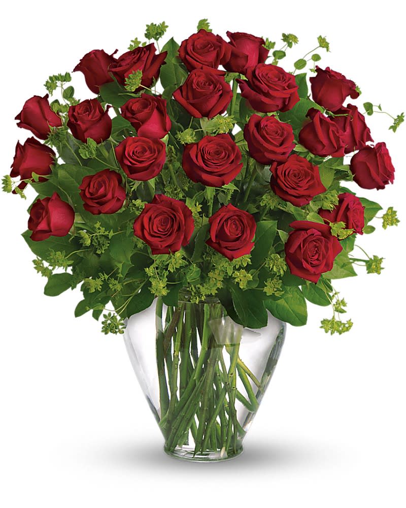 My Perfect Love - 24 Long Stemmed Red Roses - When it comes to romance, the red rose rules! And when it comes to delivering romance in a big way, two dozen gorgeous red roses are a brilliant choice. Twenty-four stunning red roses are arranged with greenery and delivered in a feminine vase.Approximately 24" W x 26" H