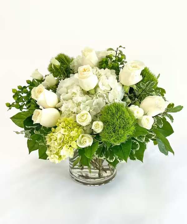 Karen - A timeless collection of high end blooms in whites and greens.  Crystal Clear Glass Vessel All Occasion  Place your Order Online Monday to Saturday before 1:00 p.m. (E.T.) for same-day delivery. “Orders received after hours will be delivered the next business day”. Check our coverage area.  Occasionally, flowers and/or container substitutions happen due to weather, seasonality, and market conditions, which may affect availability. If this is the case with the gift you’ve selected, we will ensure that your arrangement's style, theme, and color scheme are preserved and will only substitute items of equal value or higher value.  CARE INSTRUCTIONS Keep the flower arrangement hydrated with natural water and change the water every two days. Do not spray any cleaning product on the flower arrangement. Do not place heavy objects directly on the flower arrangement. Keep flower arrangements out of direct sunlight and extreme heat.
