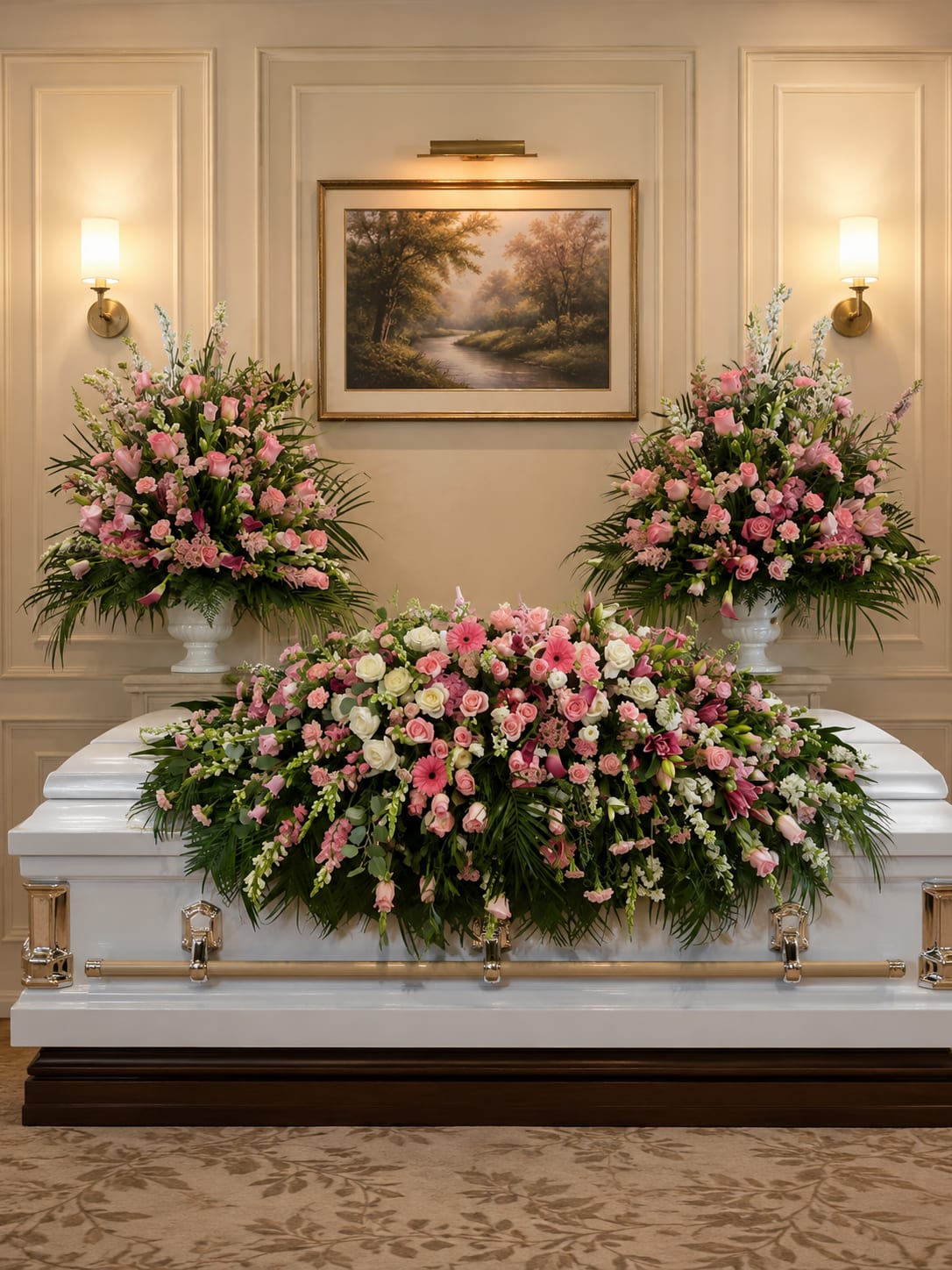 The Sorrowful Goodbye Collection  - Soft pinks, whites, and hints of lavender shape a tender sympathy flower arrangement set designed to offer comfort at a funeral or memorial service. This coordinated three-piece collection includes a long, low casket spray and two matching side arrangements, making it an elegant choice for expressing sympathy or honoring a loved one with a gentle, feminine palette.  The casket spray stretches horizontally with a subtle cascade at each edge and is densely arranged with roses, gerbera daisies, carnations, snapdragons, and chrysanthemums for a lush, layered appearance. Two fan-shaped side pieces rise gracefully from classic white pedestal urns, echoing the same mix of blooms and soft hues to create a unified, formal presentation. The composition balances texture and color-velvety rose petals, bold daisy faces, and ruffled carnations-to read as both reverent and comforting from every angle.  Thoughtfully arranged for easy placement during a service, this set removes the guesswork from planning a meaningful floral tribute. It's a compassionate way to help the person you're honoring feel seen and remembered; sizing and urn details are as shown, and our florists hand-design each piece to preserve freshness and reverence for the occasion.