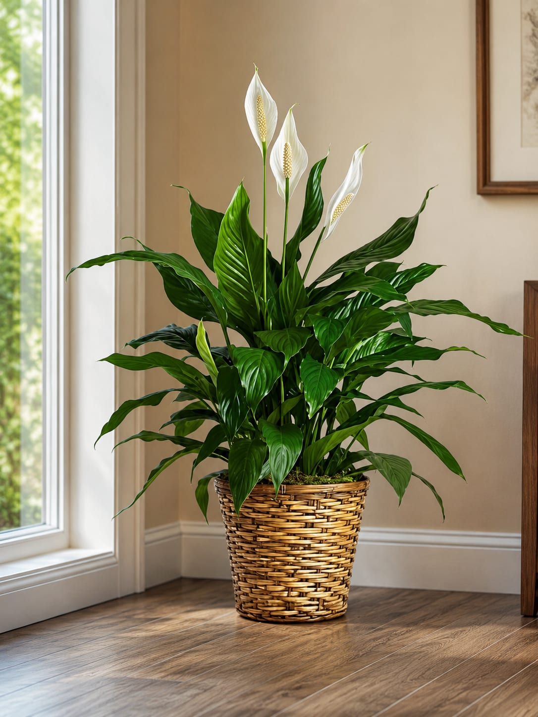 Petal Perfection‘s Splendid Spathiphyllum - Lush, arching green leaves and elegant white spathes make this potted peace lily an instant breath of calm-perfect as a sympathy arrangement, a thoughtful get-well gift, or a peaceful accent for Mother's Day, housewarming, or just because. The plant's clean palette of deep green foliage and soft white blooms reads serene and understated, so the person you're thinking of will feel seen and soothed without an overblown display.  This Spathiphyllum comes planted in a tightly woven, natural-tone or white wash basket planter that adds warm, organic texture to the piece and fits effortlessly on tabletops, desks, or entryway consoles. The arrangement features several upright white blooms among glossy leaves; its compact form is ideal for home or office settings and brings low-maintenance, long-lasting greenery to any room.  A versatile choice for occasions year-round-from Easter and Spring to Thanksgiving, Christmas, anniversaries, or sympathy-this peace lily quietly conveys care and comfort. Place it in bright, indirect light and water when the top inch of soil feels dry to keep the foliage healthy; the basket makes it an easy, gift-ready presentation for birthdays, retirements, graduations, or simply to say "thinking of you."