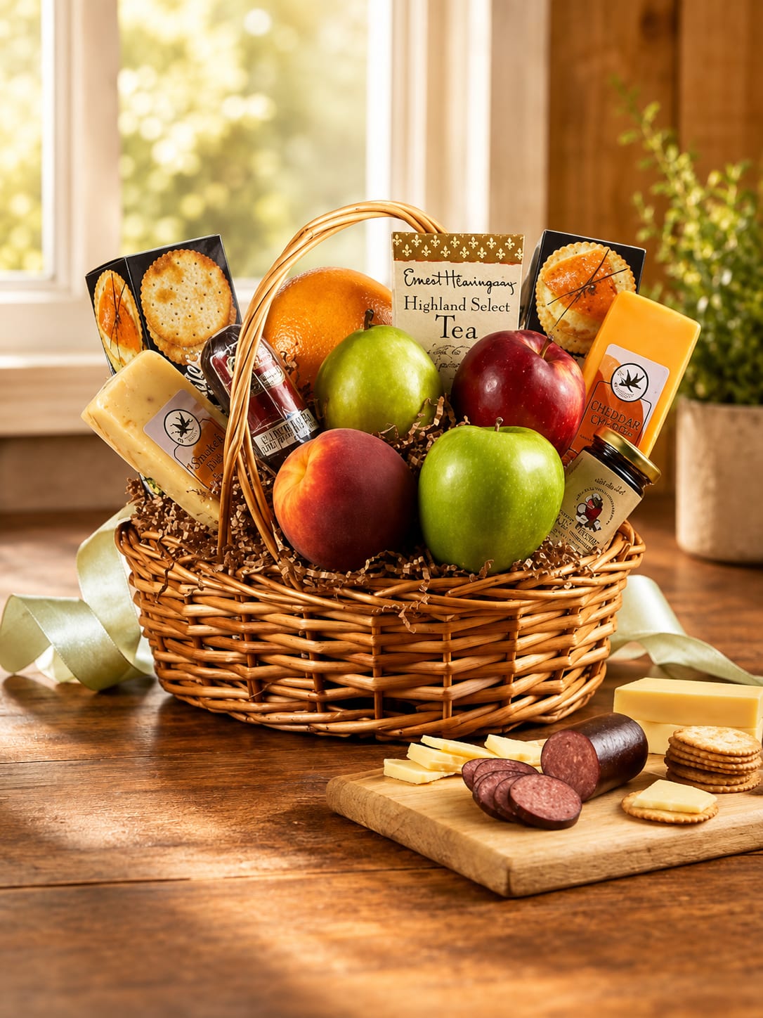 Fruit and Fine Gourmet - A low, oval wicker basket overflowing with fresh apples, bright citrus, makes this fruit-and-gourmet arrangement an ideal birthday bouquet alternative or Mother's Day gift that feels both celebratory and comforting. The combination of yellow, red, and green tones - in fruit, packaging, and flowers - gives the presentation a warm, generous look that naturally suits Easter and spring occasions while remaining perfectly at home on Thanksgiving, Christmas, or as a thoughtful get-well or sympathy offering.  Packaged cheeses, a summer sausage, cracker boxes, a tea selection, and a small glass jar of spread are arranged upright around the fruit to create an abundant, ready-to-share display; a wooden cutting board at the front shows sliced sausage, cheese wedges, and stacked crackers to suggest a simple snack spread for entertaining. Satin ribbon finishes the arrangement for a polished touch, making it a versatile gift for housewarmings, anniversaries, graduations, retirements, or "just because" moments. The basket arrives fully arranged and ready to present - select your size at checkout and include a personalized note to make the recipient feel truly seen.