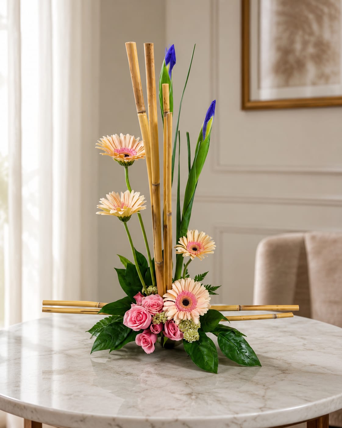 Daisy Dalliance by Petal Perfection - Soft pink gerbera daisies and blushing pink roses form a modern, airy cluster in this contemporary flower arrangement-perfect as a birthday bouquet, Mother's Day gift, or a fresh-sent "thinking of you" for a friend. The Daisy Dalliance by Petal Perfection carries a clean, architectural vibe that still reads warm and personal: the recipient will feel celebrated and cared for by a design that's both artistic and approachable.  Tall vertical bamboo rods intersected by a single horizontal bamboo piece give the display striking height and movement, while a few deep blue iris buds lift the eye and add elegant contrast. Arranged in a low, sleek white ceramic container, the composition stays minimal and refined-ideal for home, office, or a bedside table. This piece suits spring and Easter décor but remains equally appropriate year-round for occasions from anniversaries and graduations to sympathy and get-well wishes. Care: keep fresh water in the container and place away from direct heat; small, modern sizing makes it an easy gift for delivery or pick-up.