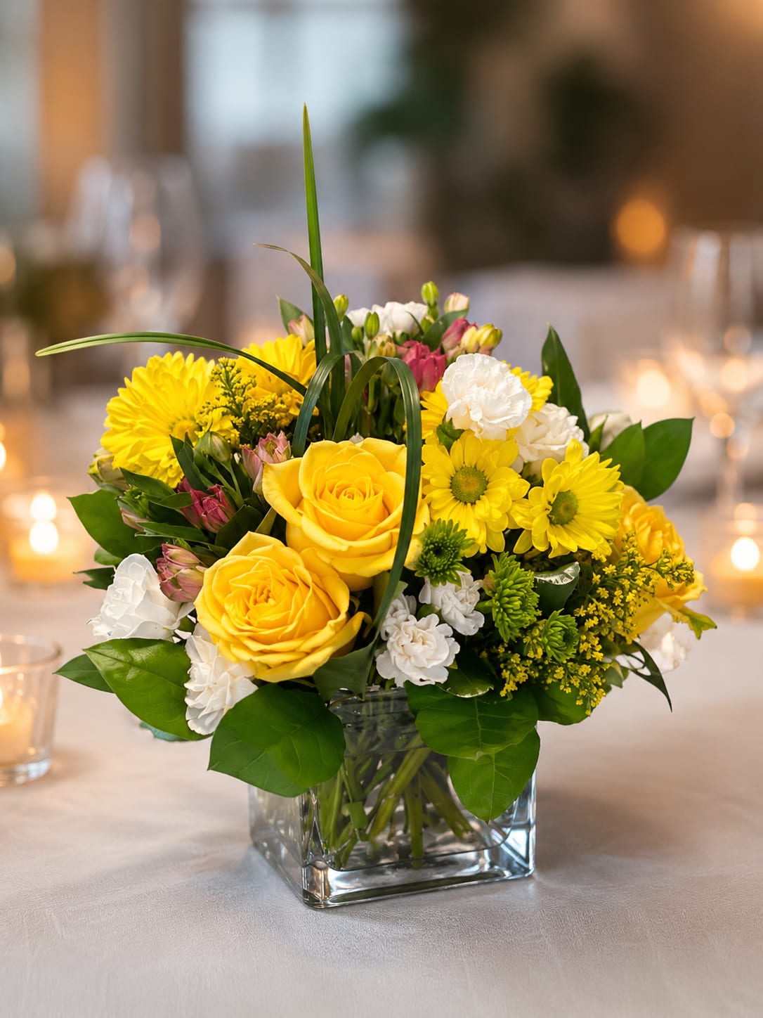 Sunshine and Posies - Sunshine and Posies opens with a burst of cheerful yellow roses and chrysanthemum-style blooms that instantly lift the mood - a perfect birthday bouquet, get well arrangement, or springtime gift for Mother's Day. The compact, rounded design pairs sunny yellows with crisp white carnations and delicate blossoms, so the person you're thinking of will feel genuinely celebrated the moment it arrives.  Sprays of pink-tipped alstroemeria and textured yellow filler flowers add soft color contrast and playful texture, while a few tall grass-like blades introduce graceful vertical movement. Arranged in a clear glass cube vase that exposes the stems, this contemporary arrangement feels fresh and clean on a mantel, bedside table, or office desk. Sized to be both eye-catching and easy to display, Sunshine and Posies is also a thoughtful choice for anniversaries, housewarmings, graduations, or just because - an uplifting way to say thank you, thinking of you, or congratulations.