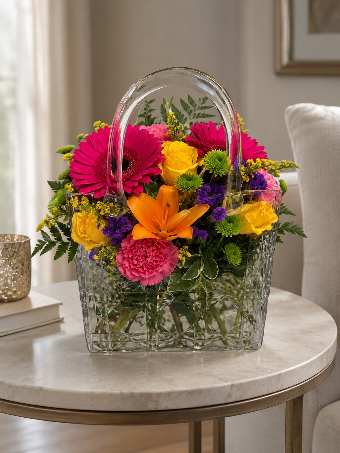 Petal Perfection's "Let me grab my purse!" - A bright medley of magenta gerbera daisies, sunny yellow roses, and a single orange lily greets the eye in this compact flower arrangement-perfect as a birthday bouquet, anniversary surprise, or a cheerful just‑because gift. Designed in a clear glass purse vase with a curved handle, the presentation feels like a ready-to-give keepsake that says "I'm thinking of you" with playful, celebratory energy suited to thank-you gestures, get-well wishes, or love and romance moments.  This mixed-color arrangement pairs pink carnations, lavender chrysanthemums, alstroemeria, green button mums, and purple filler blooms for lively contrast and texture. The handbag-style clear glass vase keeps the composition tidy and tabletop-friendly while showing stems for added freshness. Sized for easy display, it's an everyday pick that also works well for seasonal moments like Mother's Day or Breast Cancer Awareness Month.  Made to make the recipient feel genuinely celebrated, this bouquet is ideal for a mom, colleague, grandparent, or someone recovering-anyone who could use a bright lift. Care is simple: keep water fresh and place in a cool spot to extend bloom life; the vase handle makes it effortless to carry and present.