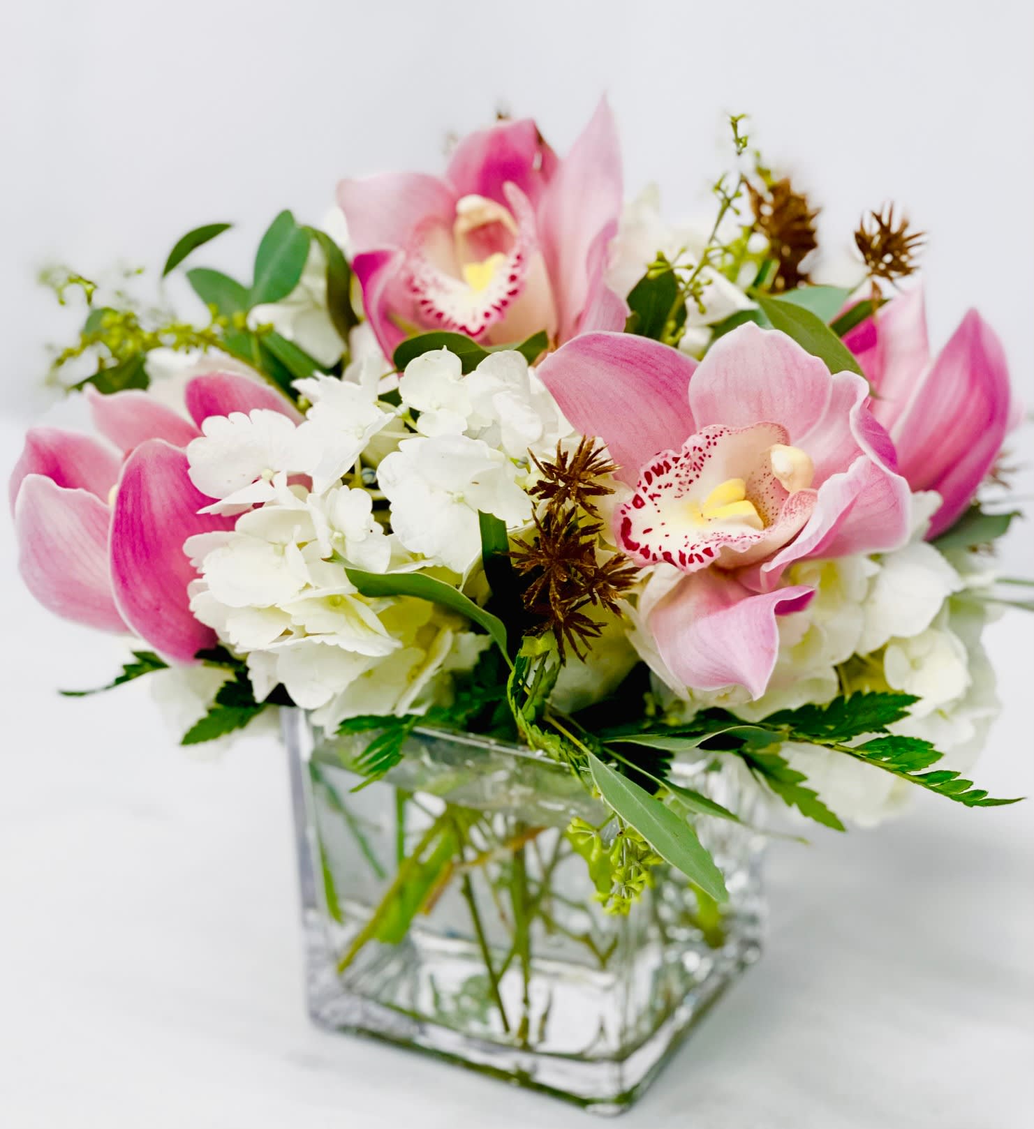 Orchids For The Desk - A lush arrangement of orchids will bring peace and beauty to your day. Orchid color may vary based on availability. We typically offer pink or green orchids, selected fresh to ensure the best quality for your arrangement. 