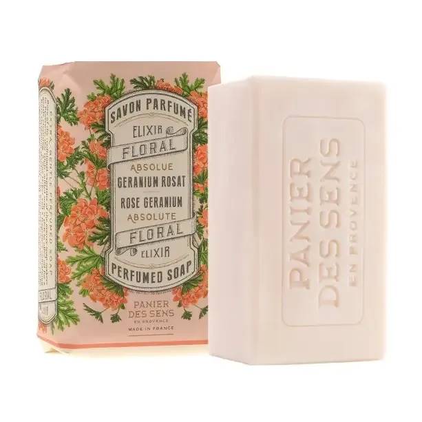5.3 oz Rose Geranium Perfumed Soap Bar - An extra-soft 100% vegetable base, without EDTA, the traditional expertise of the master soap makers in Provence, for gentle cleansing. Its delicate lather rich in olive oil is suitable for all skin types. 96% of the total ingredients are from natural origin.