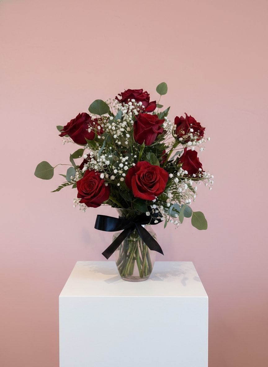 Bouquet of red roses in a glass vase with a black ribbon