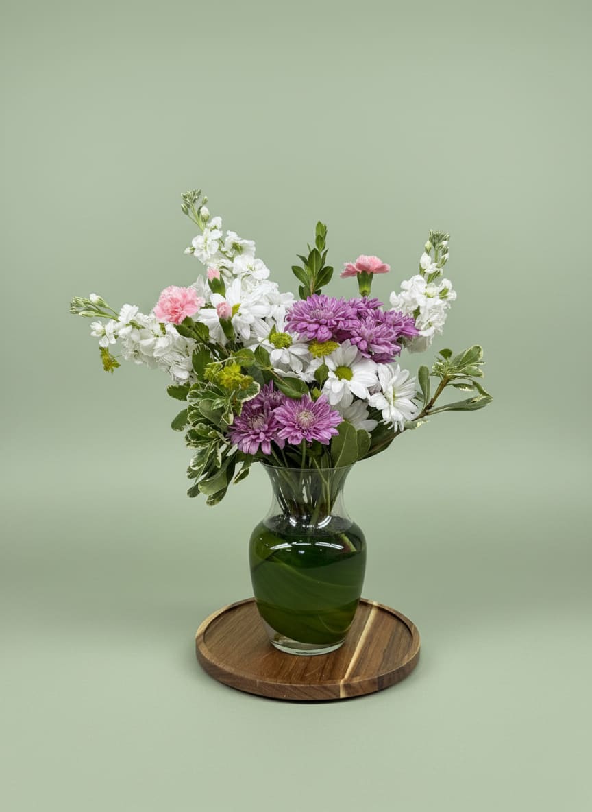 Blushing Fields - This spring bouquet is the perfect gift to freshen up any home or office. This arrangement contains Roses, Stock, Carnation and other seasonal blooms. This is a great gift for a Birthday, Mother's Day, Thank You, or Just Because. APPROXIMATE DIMENSIONS: 14.5 H" X 11" W