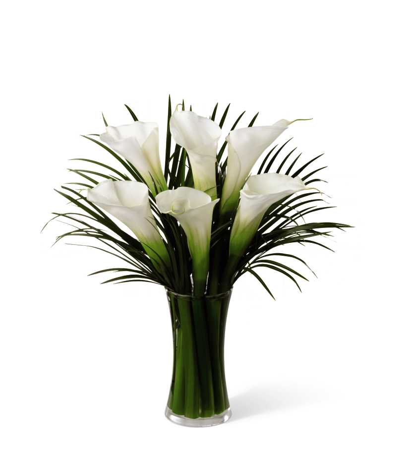 The FTD Always Adored Bouquet - The FTD Always Adored Bouquet is a sophisticated display of sweet serenity. Elegant white calla lilies are simply accented by Phoenix palm leaves to give a look of purity and peace. Seated in a clear glass gathering vase, this bouquet will offer comfort in their time of need.