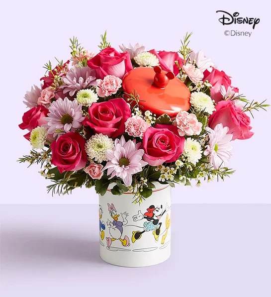 Pink rose bouquet in a Disney character vase with a red lid