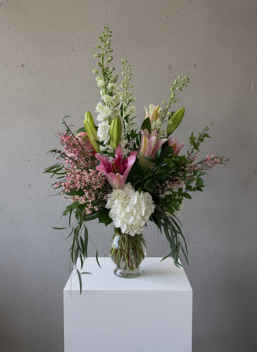 Tall arrangement of pink lilies, white hydrangea, and white stock in a clear glass vase