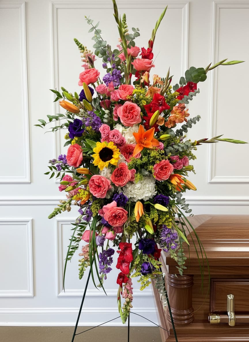 Tall standing floral spray with roses, lilies, and sunflowers