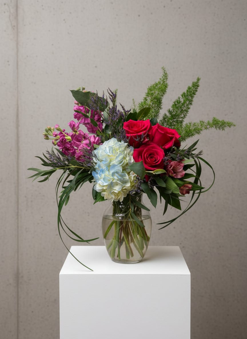 Mixed bouquet of red roses, blue hydrangea, and purple flowers in a glass vase