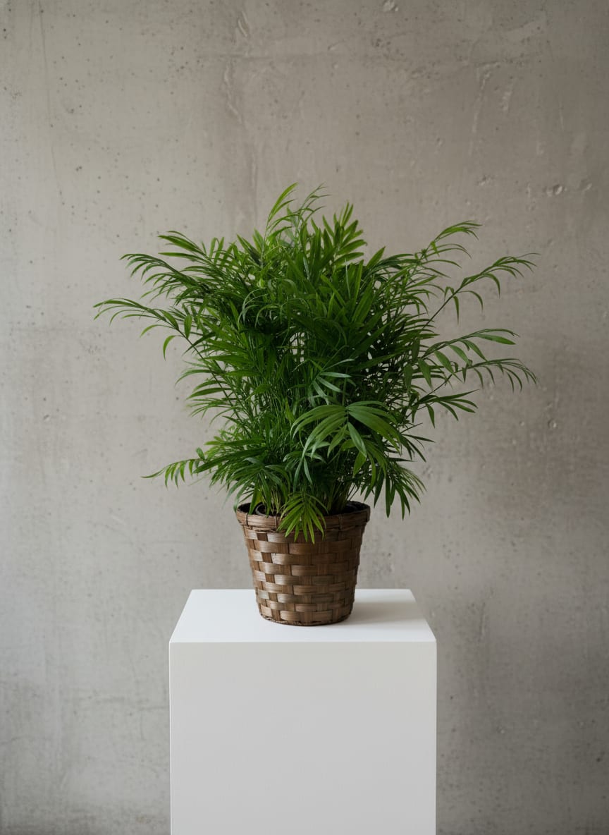 Potted green palm plant in a woven basket planter