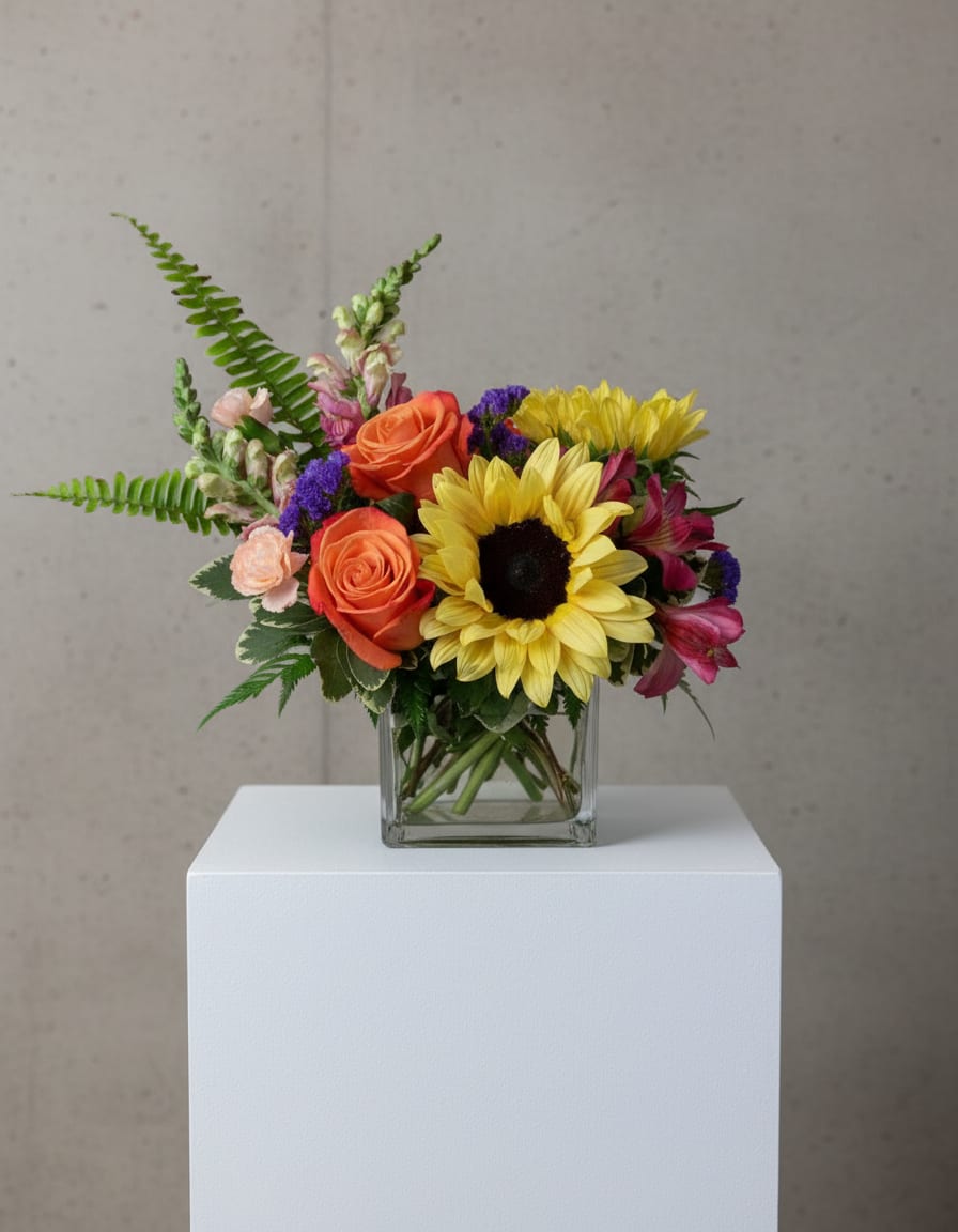 Sunflower and orange rose arrangement in a square glass vase