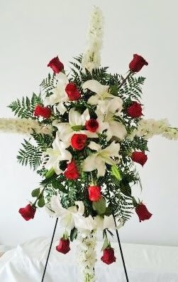 Standing floral spray with white lilies and red roses
