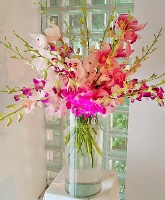 Orchid Extravaganza - A fan of delicate drama-this tall orchid arrangement brings graceful height and modern air to anniversary bouquets, birthday gifts, or romantic moments. The Orchid Extravaganza places cymbidium, mocara and dendrobium orchids in a clear glass cylinder vase so the recipient instantly sees the long green stems and clean, architectural lines; bright pink, magenta and soft white blooms arch and fan outward for a fresh, uplifting presentation that also suits holidays, congratulations, or Valentine's Day.  The composition uses multiple orchid varieties-Cymbidium, Mocara and Dendrobium-along with other orchid stems to create an airy vertical silhouette with some stems curving gently to the sides for a loose, contemporary feel. Colors range from vivid pink and magenta to lavender-tinted whites and soft greens, offering a refined palette that reads both elegant and joyful. The clear glass cylinder keeps the focus on the flowers' long stems and the arrangement's sculptural shape.  Give this to someone you want to make feel truly seen: it reads as sophisticated celebration for a partner, friend, or colleague and works equally well as a striking everyday display. Vase dimensions and stem length emphasize height-handle with care when placing-and simple water changes every few days will keep the orchids looking their best.