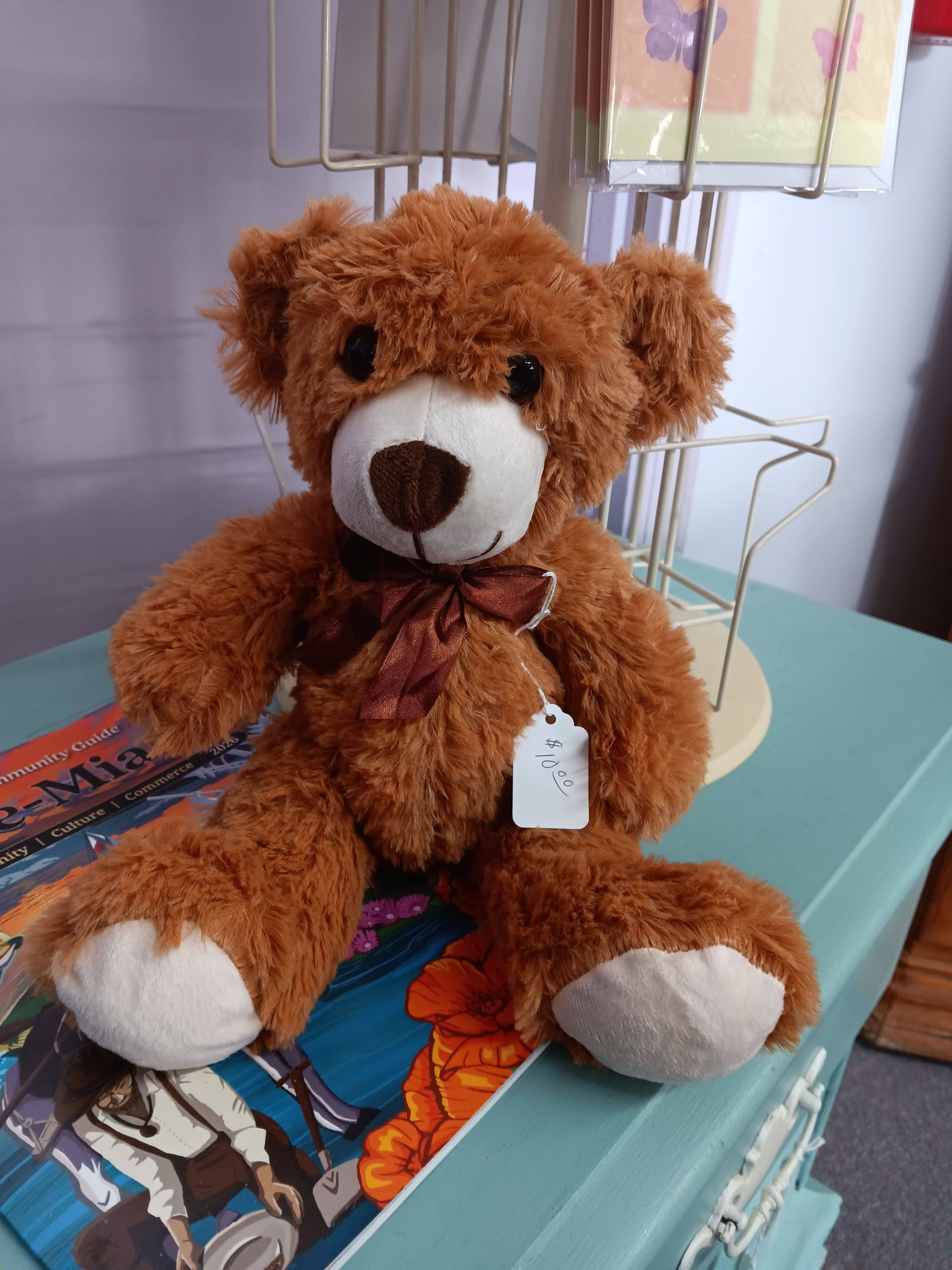 Brown teddy bear with a ribbon bow and price tag