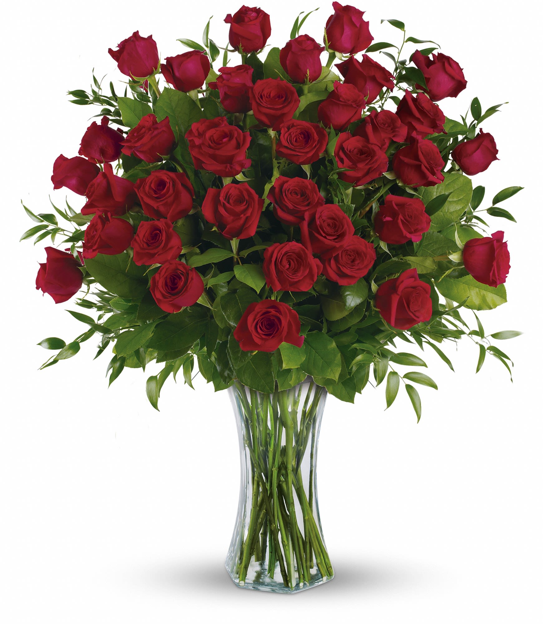 Breathtaking Beauty - 3 Dozen Long Stemmed Roses - One, two, three! Three dozen spectacularly gorgeous red roses delivered in a dazzling flared glass vase - positive proof that love is a many-splendored thing. Imagine her loving this amazing bouquet day after day. Hero-worshipping time. This impressive bouquet includes 36 red roses accented with assorted greenery. Delivered in a flared glass vase. Approximately 31 1/2" W x 32" H  