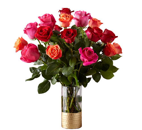 Ever After Rose Bouquet - Live happily with the Ever After Rose Bouquet. Celebrating Valentine's Day's favorite flower, this arrangement features three vibrant hues: orange, hot pin! ,Standard: 18 Roses. Deluxe:24 Roses. Premium: 36 Roses. 
