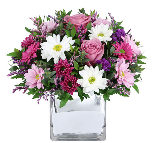 Delightful daisies and roses - Delightful daisies and roses in a stunning cube vase, accented with delicate Limonium and greenery. A perfect gift!