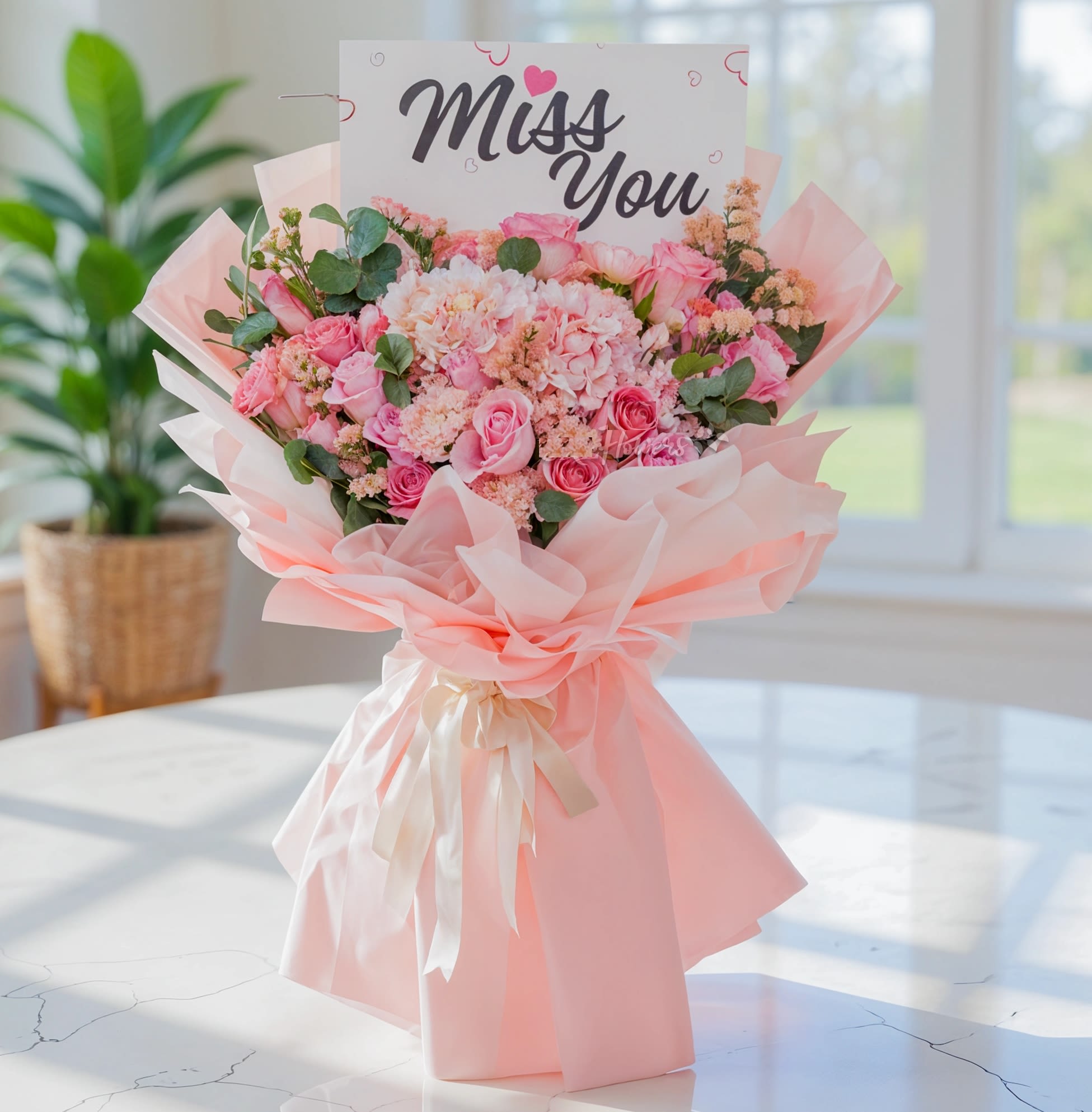 Pink bouquet with roses and hydrangeas, wrapped in pale pink paper with a "Miss You" card