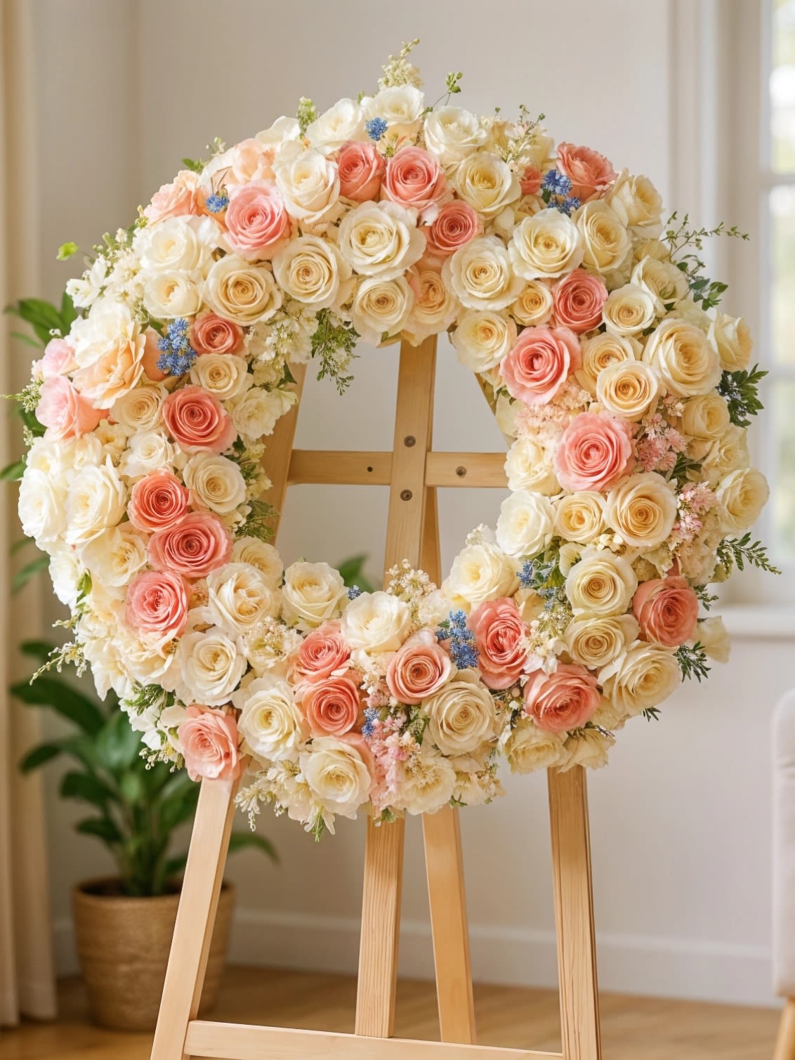 Heart-shaped wreath of cream and peach roses on a wooden easel