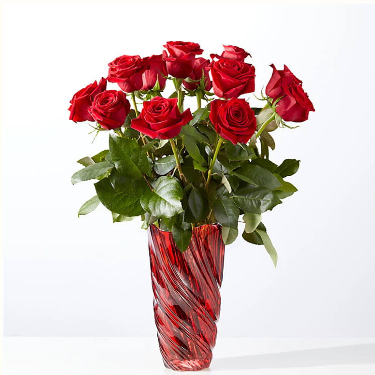 Classic Love Red Rose Bouquet with Luxe Swirl Vase - The universal symbol for romantic love, these crimson red roses are a timeless gift for your valentine. Standard Price - 12 Roses Deluxe - 18 Roses Premium - 24 Roses