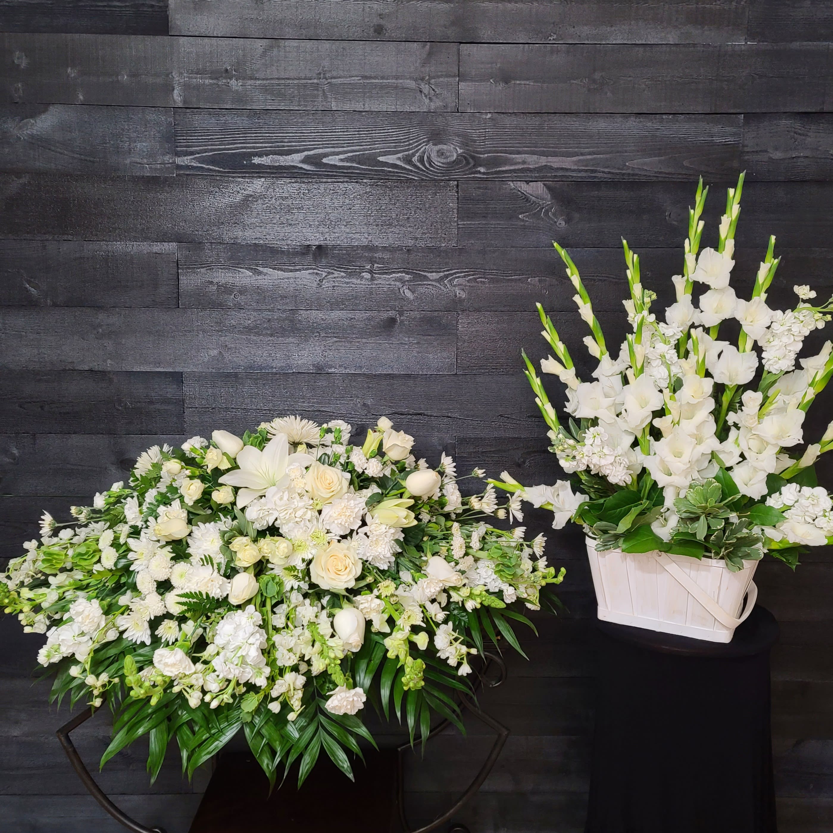 White Tribute Casket Spray &amp; Basket - The casket spray features roses,  lilies, and many other blooms.  Comes complete as a set with a floral basket.  This set can be made in your color  preference.  Please specify under the  "special instructions" tab.