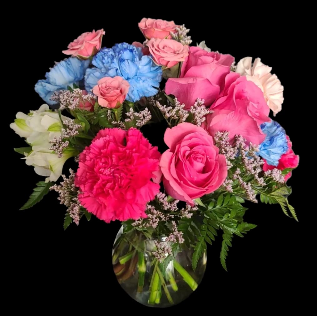 Pure Sweetness  - Petite arrangement with pink roses and blue and pink carnations.