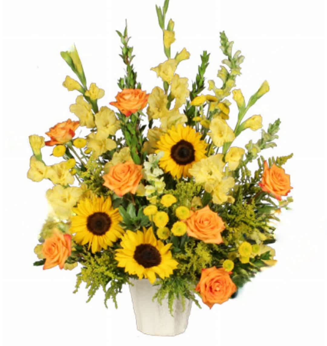 Bouquet of yellow flowers and orange roses in a white vase