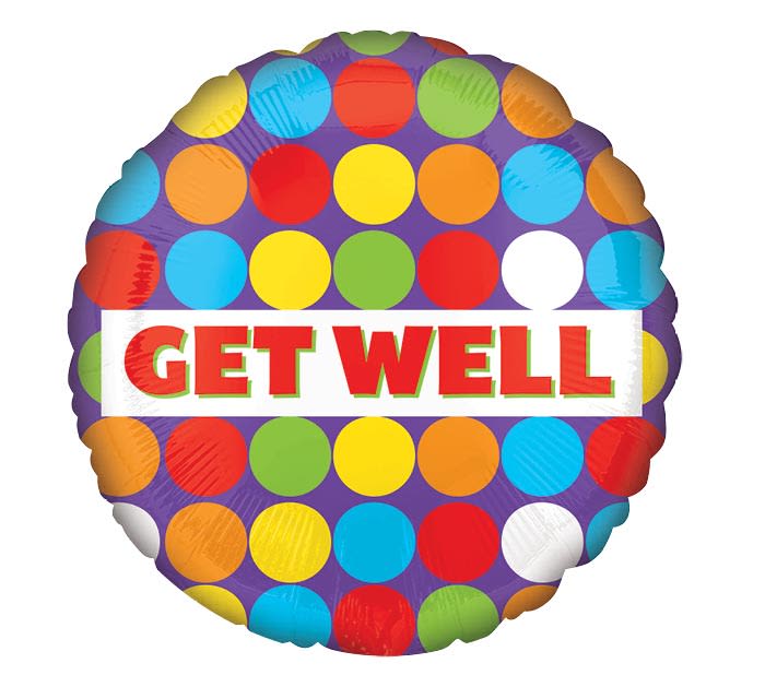 Round polka-dot balloon with "GET WELL" text