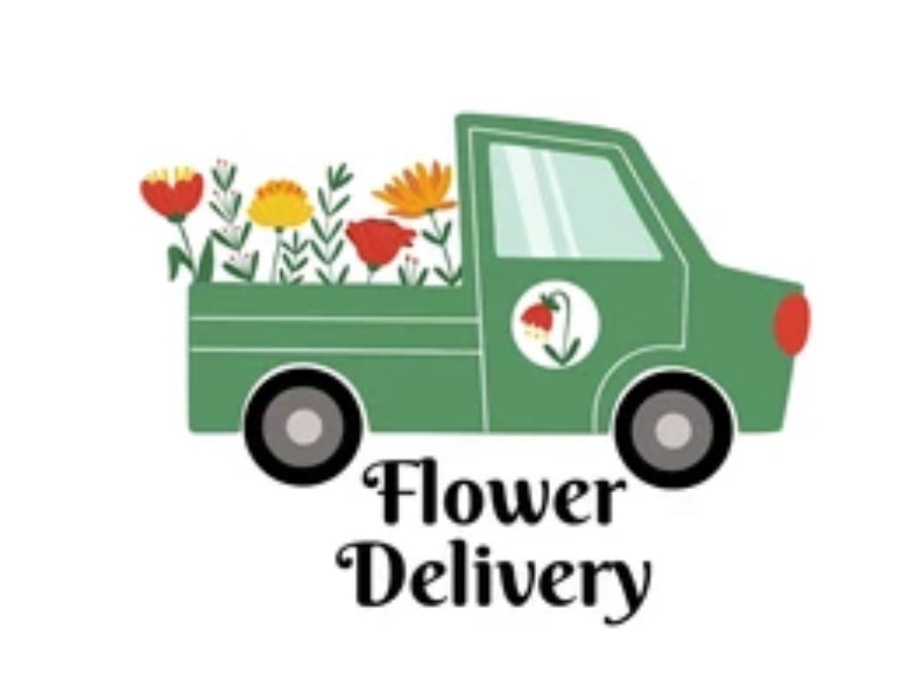 Illustration of a green flower delivery truck with flowers in the bed