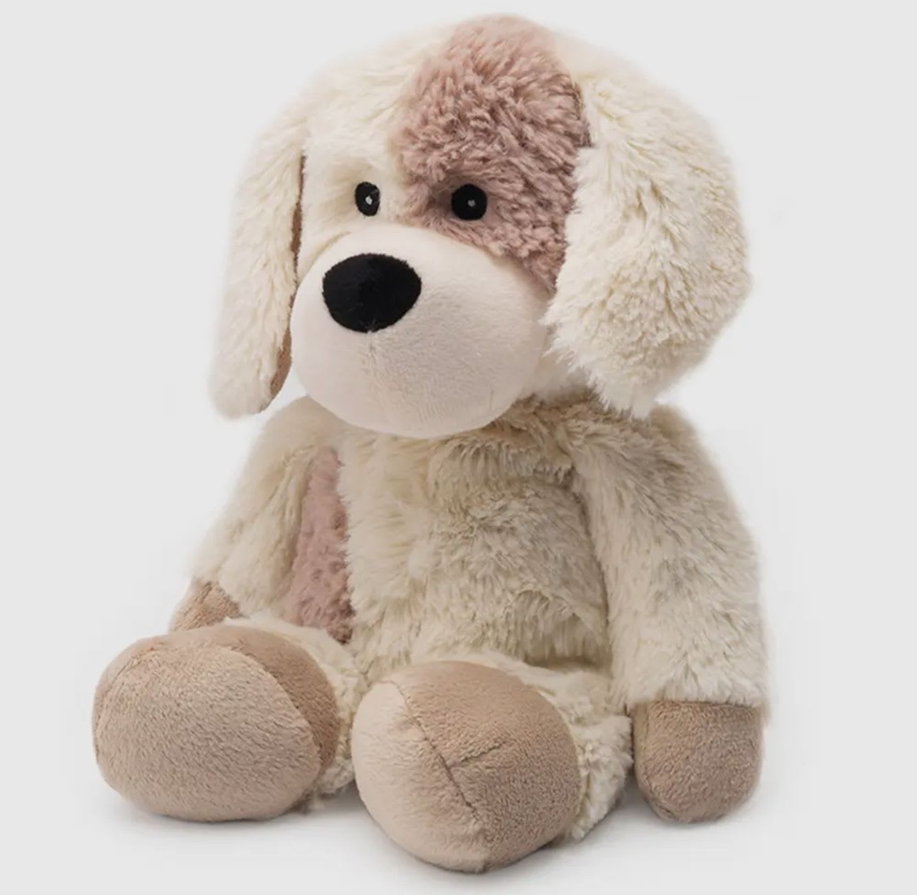 Plush dog toy with floppy ears and beige patchwork fur