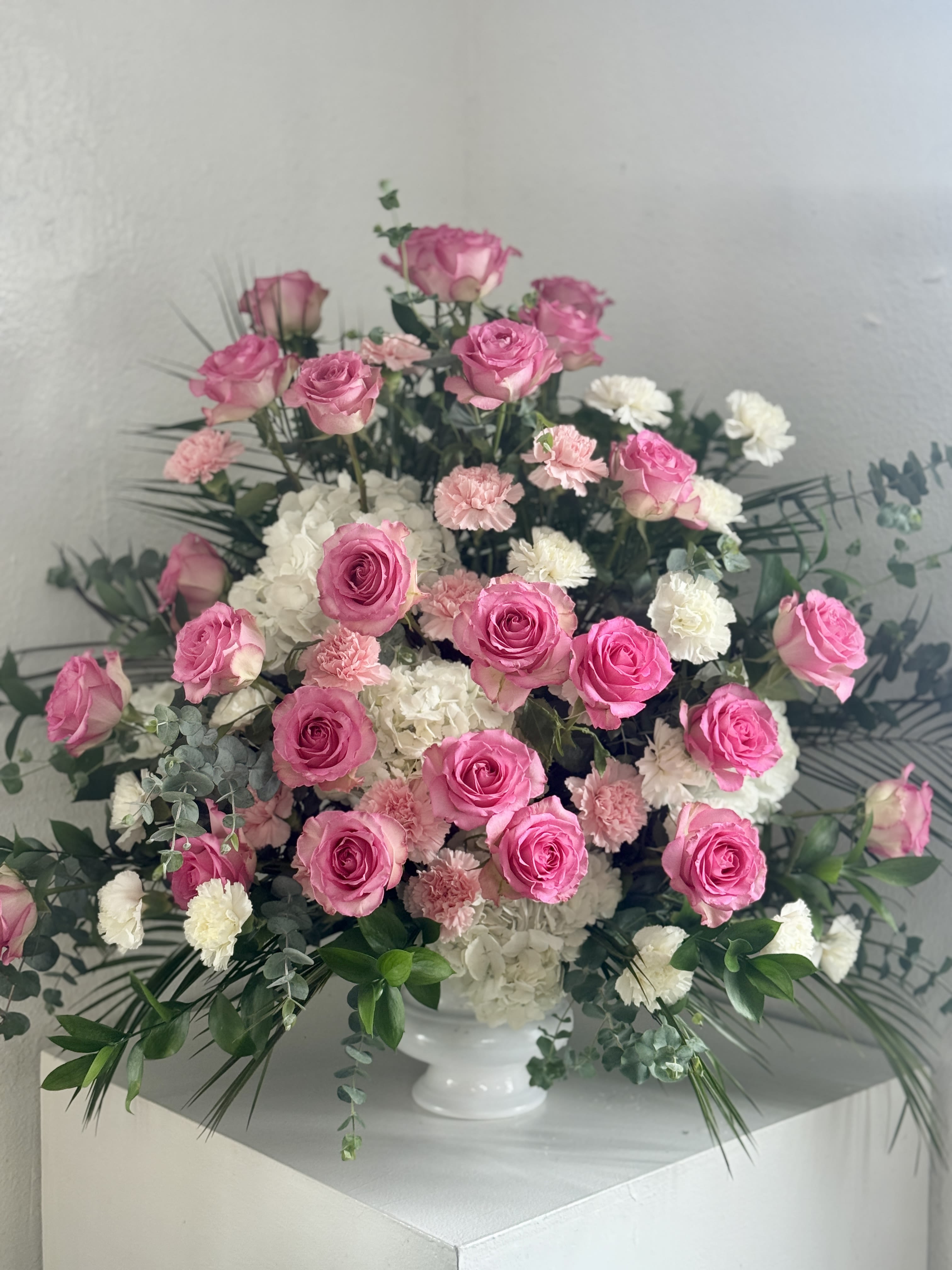 Pink &amp; White Luxe Sympathy  - An elegant display of gorgeous pink roses nestled amongst white hydrangea, this big beauty captures the essence of someone who is filled with feminine grace.
