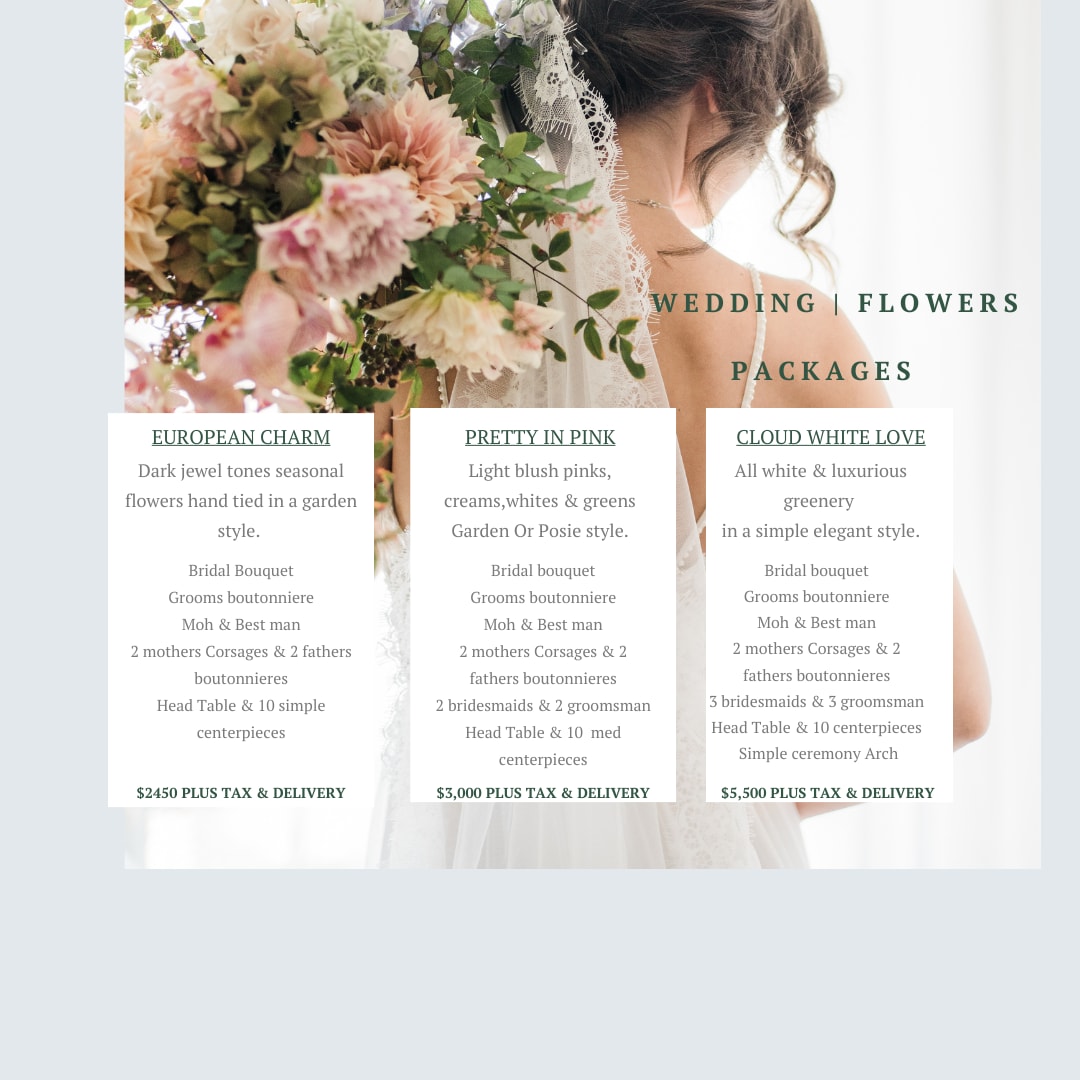 Wedding flowers packages poster with a bride holding a pastel bouquet